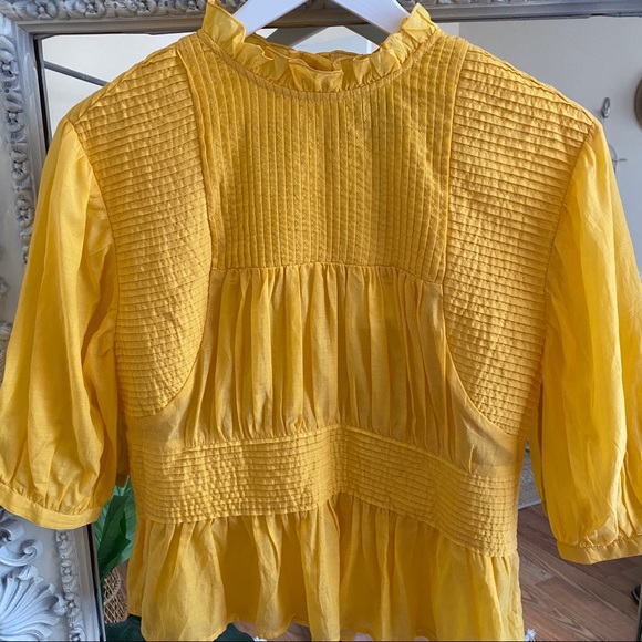 Something Navy Yellow Pleated Peplum Top M - Picture 7 of 12